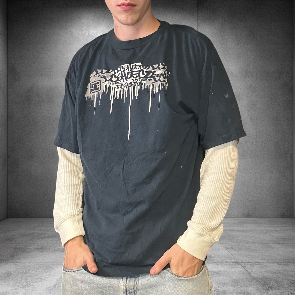 Vintage DC Shoes Graffiti Drip Graphic T-Shirt Teal XL Y2K Skater Streetwear